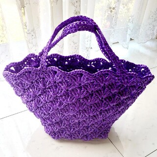 ビニールバッグ スズランテープ 紫 松編み 編み 手編み 編み物(バッグ)