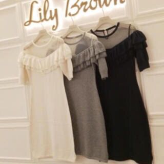 リリーブラウン(Lily Brown)のリリーブラウン フリル ニット ワンピース グレー 美品(ミニワンピース)