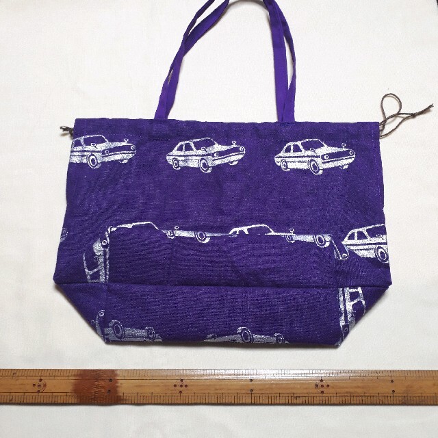 ハンドメイド　持ち手つき　きんちゃく　エチノ　乗り物　レトロ　自動車　紫 ハンドメイドのファッション小物(バッグ)の商品写真