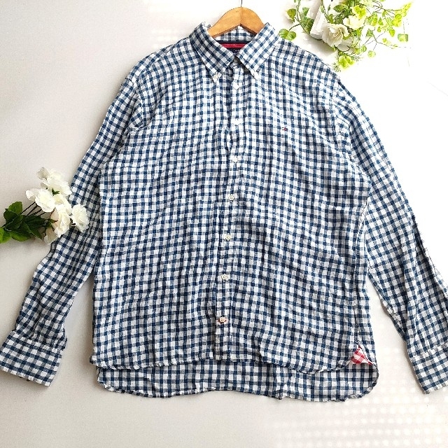 【トミー ヒルフィガー】 リネンシャツ XL リネン ギンガムチェック 紺 白 メンズのトップス(シャツ)の商品写真