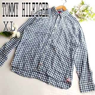 【トミー ヒルフィガー】 リネンシャツ XL リネン ギンガムチェック 紺 白(シャツ)