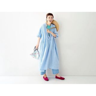 ネストローブ(nest Robe)の【試着のみ】ネストローブ　リネンギンガムシャツワンピース　水色(ロングワンピース/マキシワンピース)