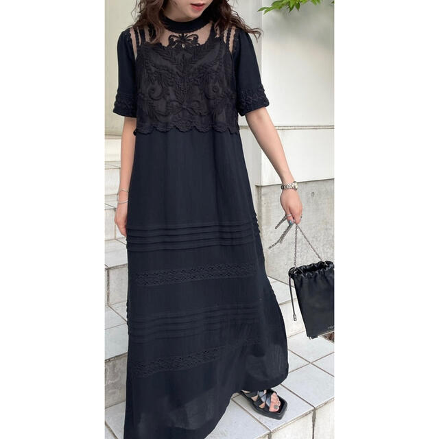 ワンピースEMBROIDERY SHEER COTTON DRESS  ブラック