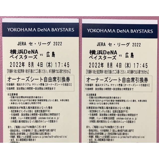 横浜DeNAベイスターズ(ヨコハマディーエヌエーベイスターズ)の横浜ベイスターズ　観戦ペアチケット チケットのスポーツ(野球)の商品写真