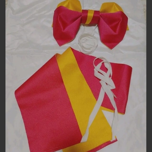 おしゃれ帯 結び帯 付け帯  リバーシブル  紅色 イエローセット レディースの水着/浴衣(帯)の商品写真