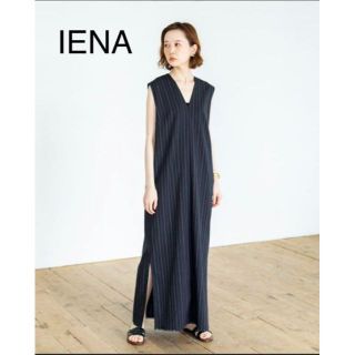 イエナ(IENA)のIENA／イエナ　ストライプストレートワンピース　ネイビー　リネン混(ロングワンピース/マキシワンピース)