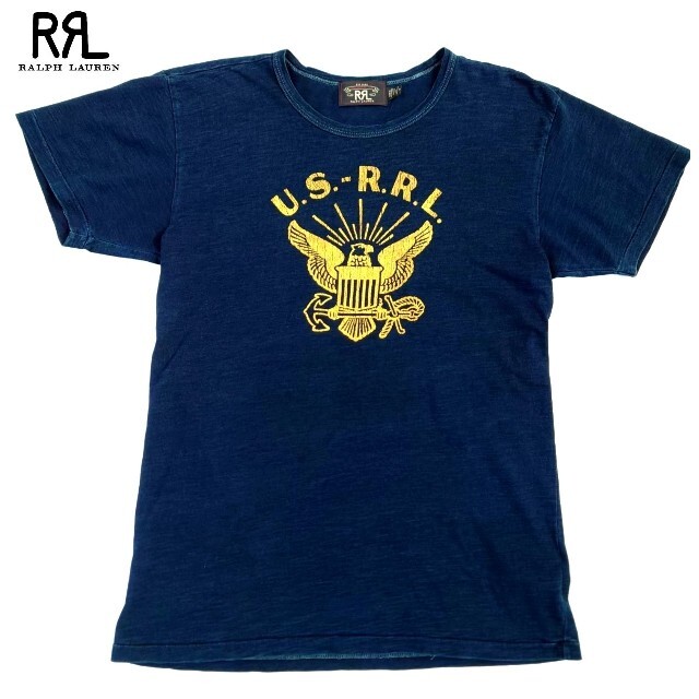 新品 RRL USED加工 最高級NAVYロゴプリントインディゴコットンTシャツ