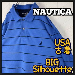 アエロナウティカミリターレ(AERONAUTICA MILITARE)のUSA古着 ノーティカ ボーダー ポロシャツ 青 刺繍ロゴ ビックサイズ 半袖(ポロシャツ)