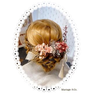 プリザーブドフラワー　髪飾り　くすみピンク・レッド　ベッドドレス　成人式　結婚(ヘッドドレス/ドレス)