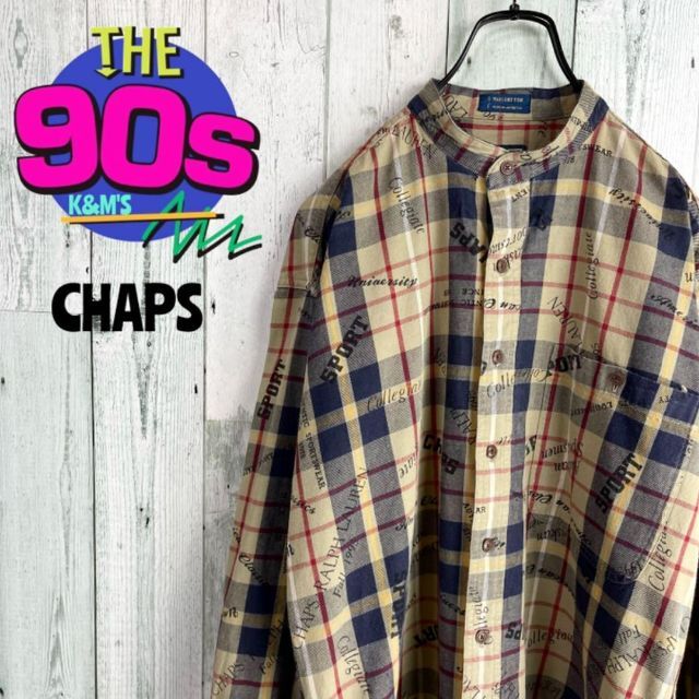 90's CHAPS チャップス ラルフローレン　英文字チェックノーカラーシャツ