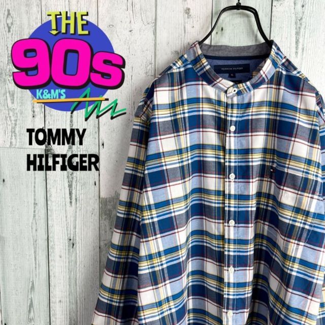 90's トミーヒルフィガー  フラッグロゴ刺繍　ノーカラーチェックシャツ