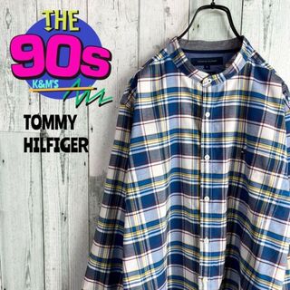トミーヒルフィガー(TOMMY HILFIGER)の90's トミーヒルフィガー  フラッグロゴ刺繍　ノーカラーチェックシャツ(シャツ)