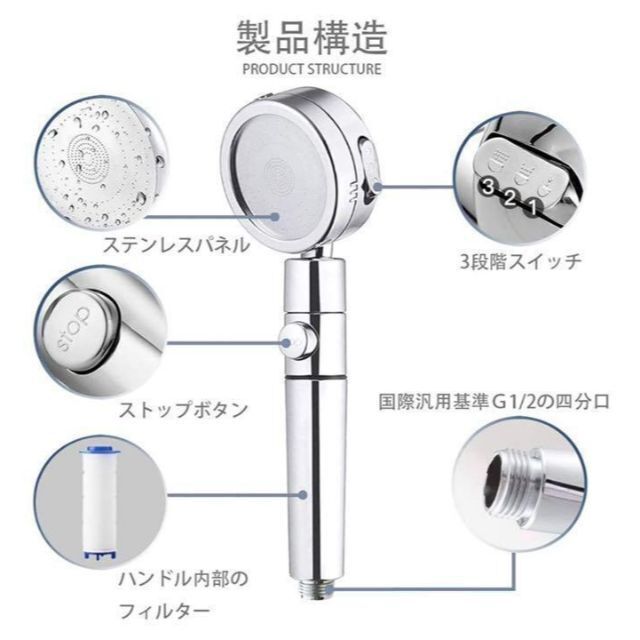 シャワーヘッド 節水シャワー 3段階モード 浄水 頭皮ケア　塩素除去 インテリア/住まい/日用品の日用品/生活雑貨/旅行(タオル/バス用品)の商品写真