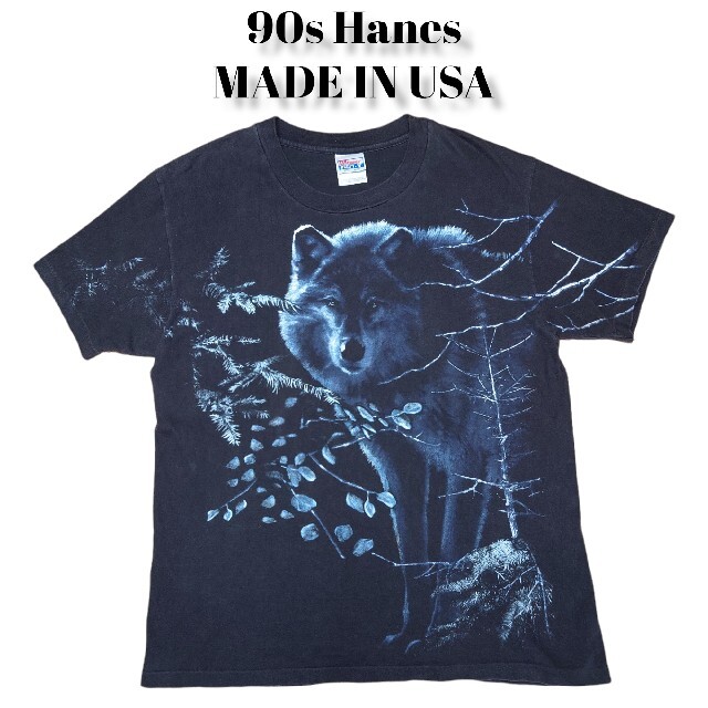 90s Hanes 狼 全面ビッグプリント Tシャツ  ヘインズ オオカミ
