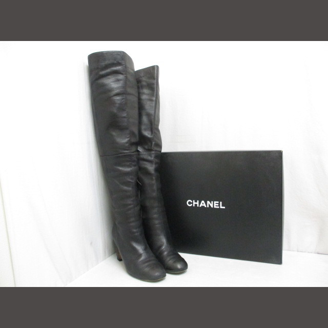 シャネル CHANEL レザー ニーハイ ロング ブーツ ココマーク 38C 黒