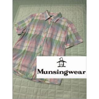 マンシングウェア(Munsingwear)の【リネン混】マンシングウエア　半袖シャツ　レディースL  ピンク　チェック柄(シャツ/ブラウス(半袖/袖なし))