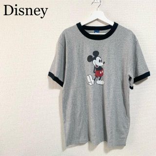 ディズニー(Disney)のディズニー ミッキーマウス リンガーTシャツ メンズL グレー ビッグロゴ(Tシャツ/カットソー(半袖/袖なし))