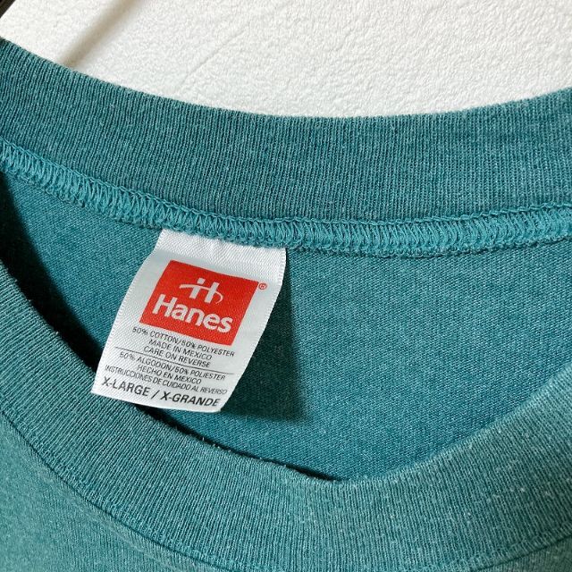 Hanes(ヘインズ)のメンズ服ロゴ刺繍半袖TシャツXL　古着屋 ブランド　ストリート系　春夏物 緑 メンズのトップス(Tシャツ/カットソー(半袖/袖なし))の商品写真