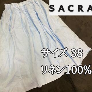 サクラ(SACRA)の【リネン100％】SACRAサクラ空色ギャザーフレアスカートサイズ38(ひざ丈スカート)
