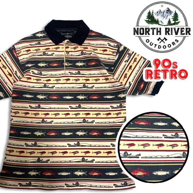 90s ノースリバー お魚柄 ボーダー ポロシャツ L North River メンズのトップス(ポロシャツ)の商品写真