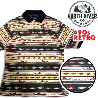 90s ノースリバー お魚柄 ボーダー ポロシャツ L North River(ポロシャツ)