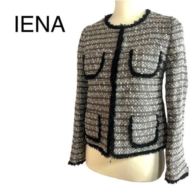 美品 イエナ ツイードノーカラージャケット カーディガン M相当 ウール ...