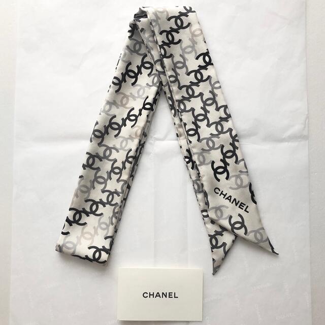 CHANEL ココマーク 柄 ツイリー スカーフ ホワイト