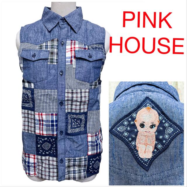 PINK HOUSE(ピンクハウス)のピンクハウス　キューピー　デニム　パッチワーク　ベスト　ノースリーブ　ブラウス レディースのトップス(シャツ/ブラウス(半袖/袖なし))の商品写真