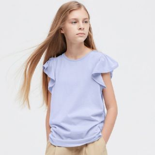 ユニクロ(UNIQLO)のユニクロ スムースコットンフリルTシャツ 160cm ブルー(Tシャツ/カットソー)