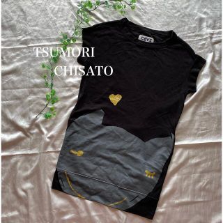 ツモリチサト(TSUMORI CHISATO)の極美品　ツモリチサト　スウェットワンピース　ロングベスト　チュニック　ネコ(ひざ丈ワンピース)