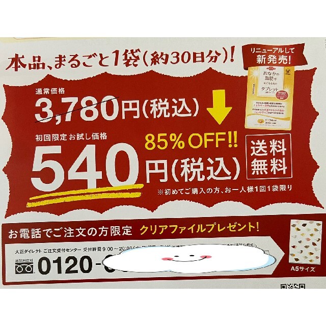 大正製薬(タイショウセイヤク)のおなかの脂肪が気になる方のタブレット　定価３７８０円→５４０円→申込用紙1枚 コスメ/美容のダイエット(ダイエット食品)の商品写真