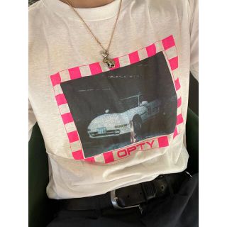 90s ヴィンテージTシャツ　車　蛍光色　シングルステッチ(Tシャツ/カットソー(半袖/袖なし))