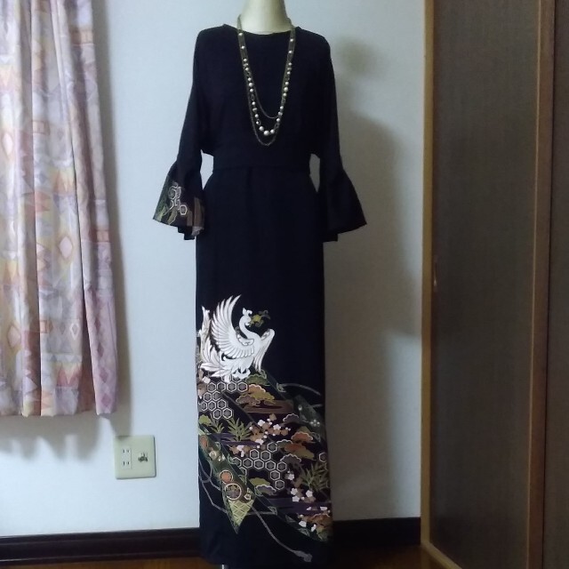 着物リメイクワンピース花を持つ白い鳥 - funespar.org