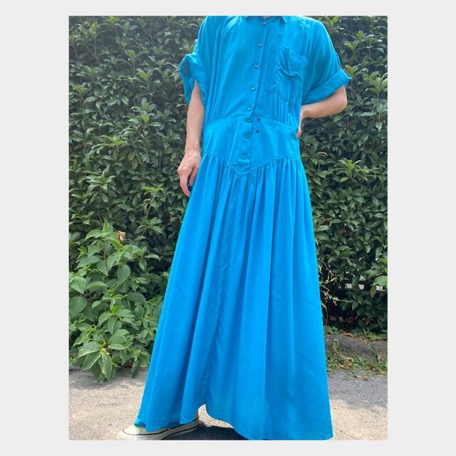 定番入荷 ビンテージ 80s Mexico 総柄 宝石 青 ドレス ワンピース