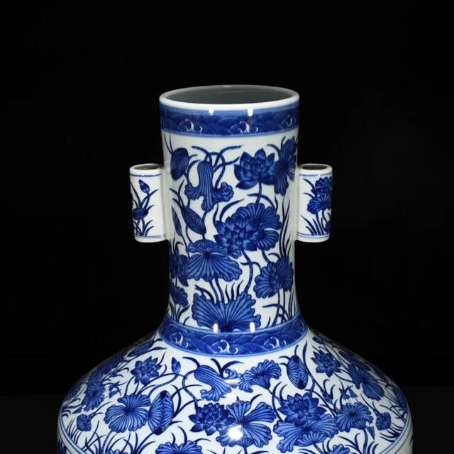 清乾隆 青花 染付 蓮花紋 貫耳瓶 中国美術 高さ60CM 横37CM 2