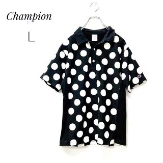 チャンピオン(Champion)のリバースウィーブ　襟付きTシャツ　L　黒白　ドット柄　ポロシャツ　水玉　ブラック(Tシャツ/カットソー(半袖/袖なし))