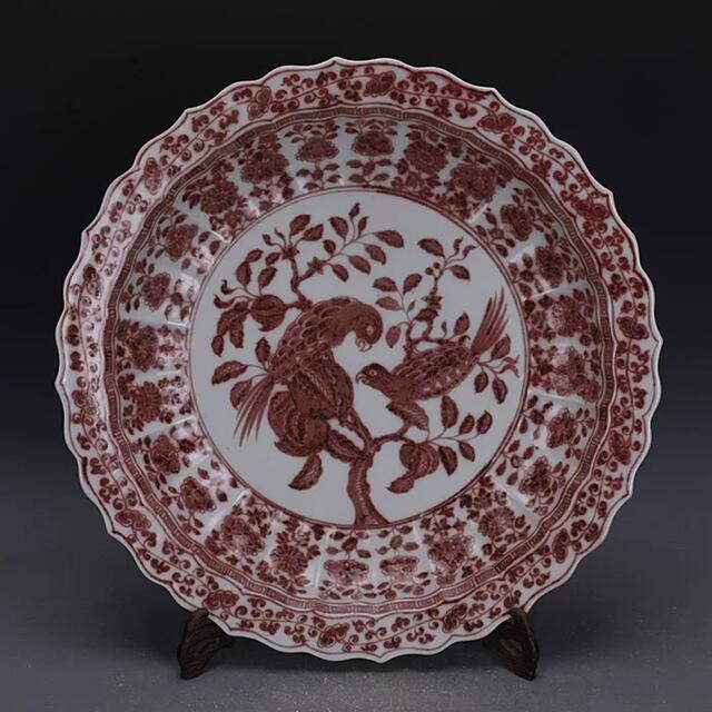 明洪武 釉里紅 石榴花鳥紋 菱口皿 中国美術 高さ8CM 横47.5CM美術品/アンティーク