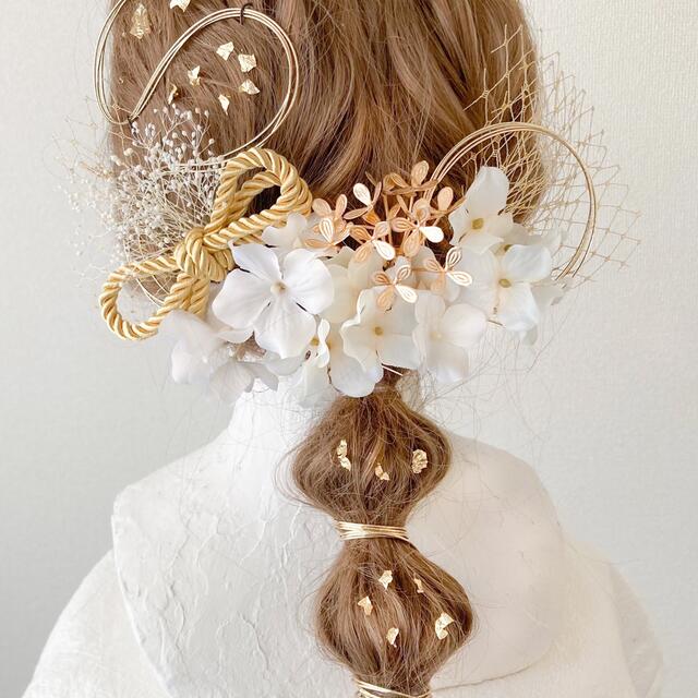成人式 卒業式 髪飾り 和装 振袖 水引 金箔 チュール 花 ドライフラワー 紐