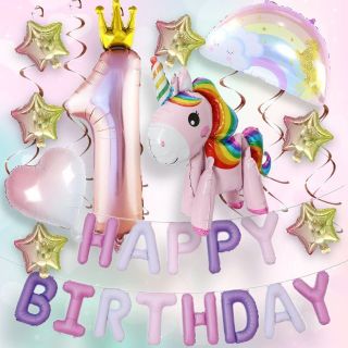 誕生日風船 ユニコーン バルーン 1歳 バースデー 記念日 飾り セット ピンク(その他)