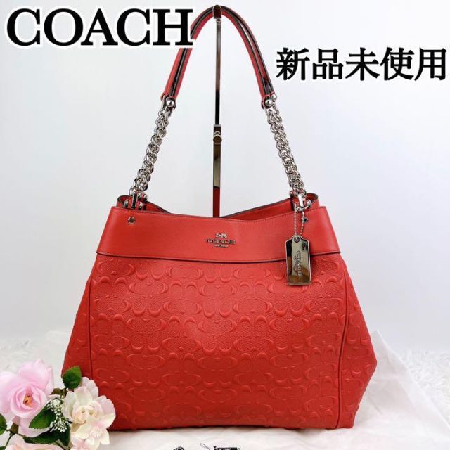 【新品未使用】 coach コーチ チェーンショルダー エンボス レッドトートバッグ