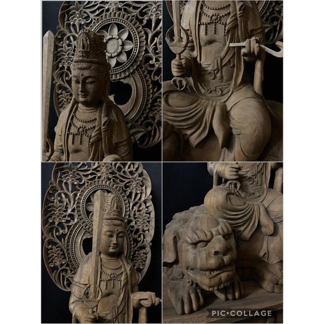 特大高56cm 井波彫刻  時代美術　香樟材　文殊菩薩　普賢菩薩座像一式