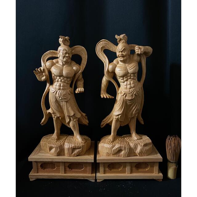 大型38cm 井波彫刻 一刀彫 総ケヤキ材 仏教工芸品 仏師手仕上げ 仁王像一式