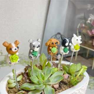 ハンドメイド　ガーデンピック　多肉植物を抱っこワンちゃんピック　多肉植物