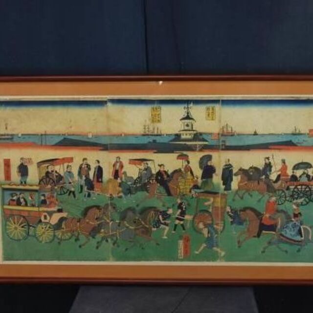 美術品/アンティーク三代廣重/東京市中馬車往来之図/版画横額/築地ホテル/掛軸☆宝船☆L-526　J