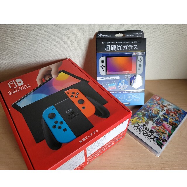 Switch 有機EL本体 ネオンブルーレッド+スマブラソフト+保護フィルム