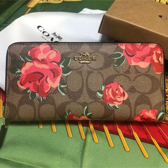 COACH - COACH 長財布 ラウンドファスナー シグネチャー 赤バラ
