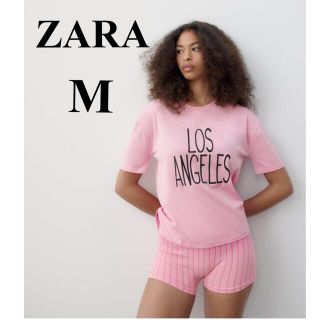 ザラ(ZARA)のZARA 刺繍 テキスト ロゴ Tシャツ ピンク M 新品  エンブロイダリー(Tシャツ(半袖/袖なし))