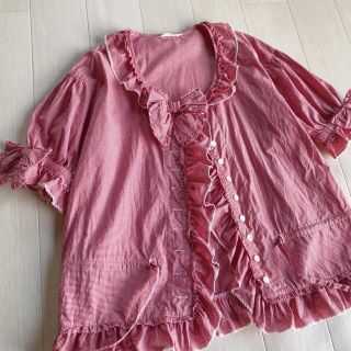 ピンクハウス(PINK HOUSE)のピンクハウス 赤×白 チェック柄 レース りぼん フリル ブラウス(シャツ/ブラウス(半袖/袖なし))