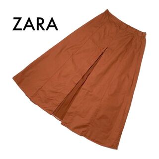 ザラ(ZARA)の美品 ザラ プリーツ スリットデザイン ロングスカート オレンジ USA L 綿(ロングスカート)