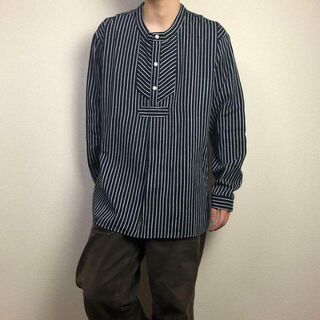 【デッドストック】フィッシャーマンシャツ　グランパシャツ　Lサイズ　ノーカラー(Tシャツ/カットソー(七分/長袖))